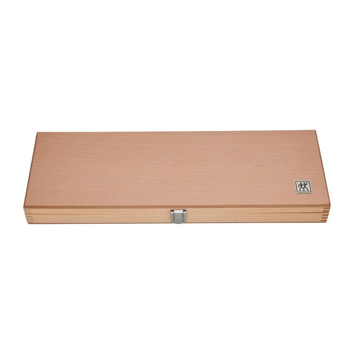 Closed ZWILLING branded wood presentation box exterior with metal clasp