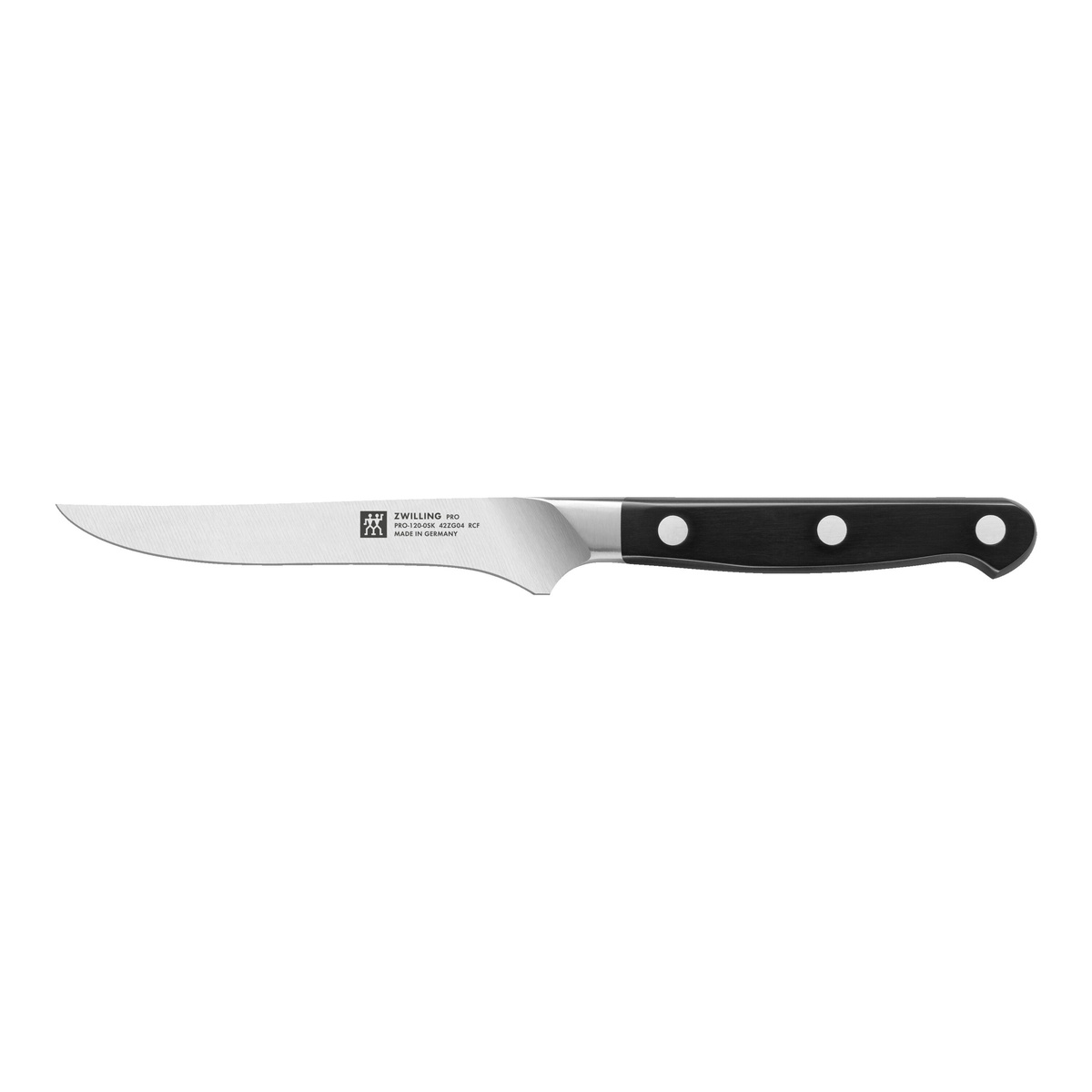 Zwilling chef knife with black three-rivet handle on white background
