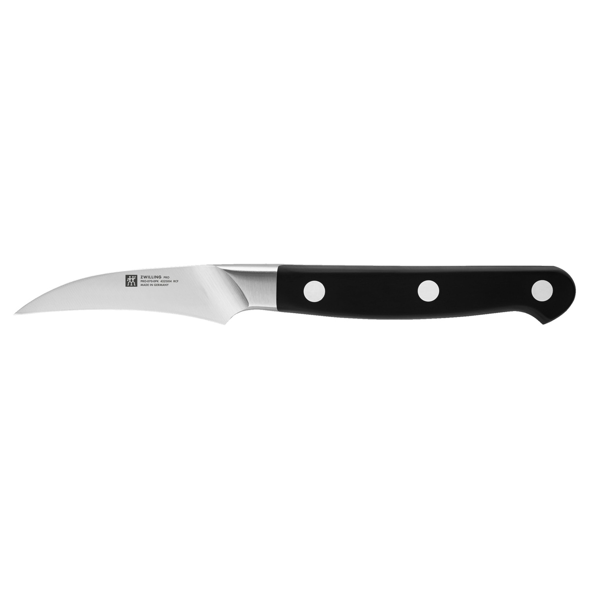 Zwilling paring knife with black three-rivet handle on white background