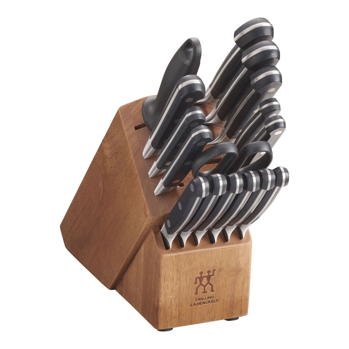 Knife block with multiple knives in a wooden block on white background