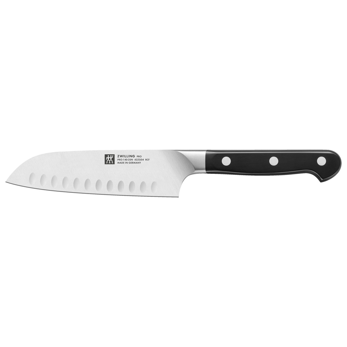 Zwilling santoku-style knife with scalloped edge and black three-rivet handle on white background