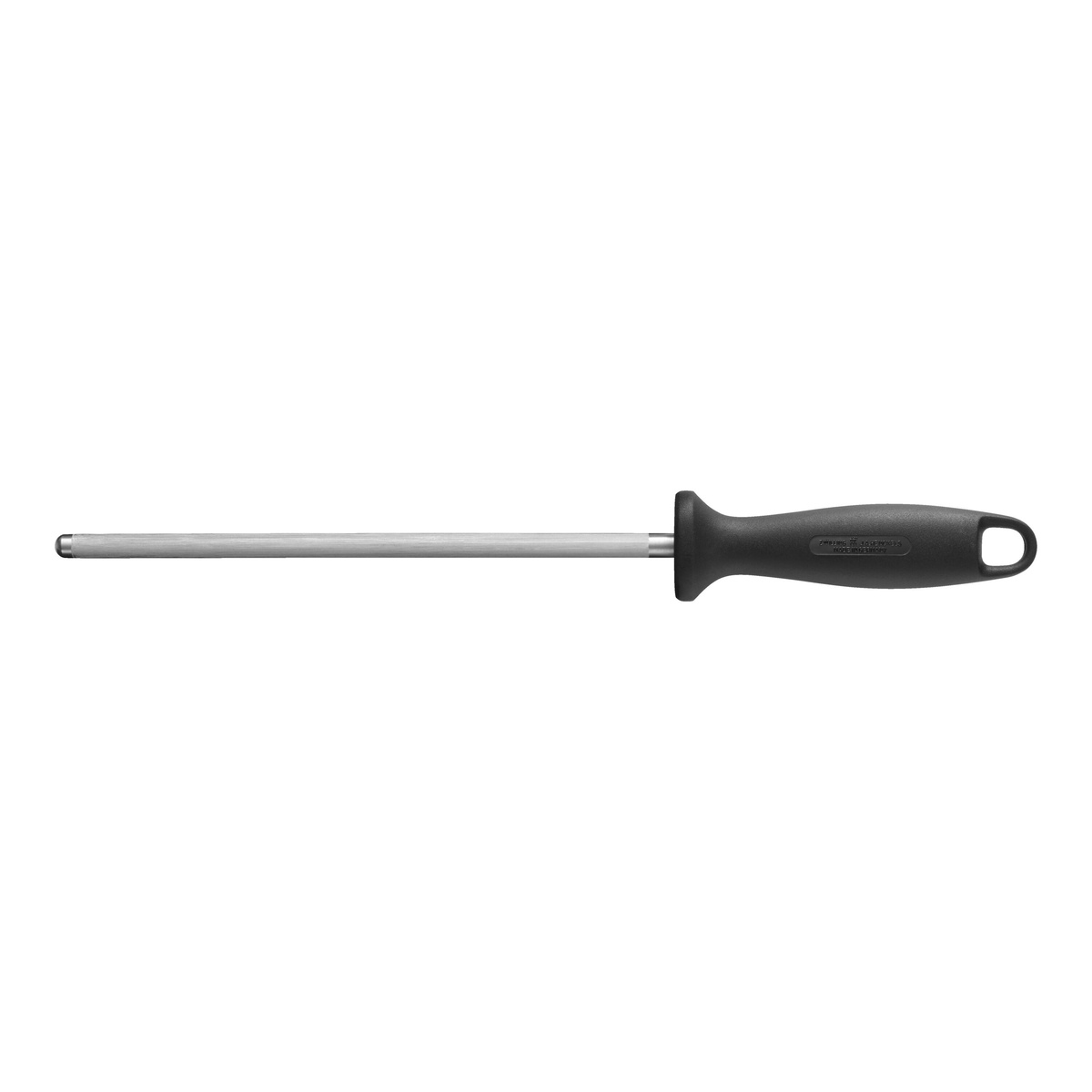Knife honing steel with black handle on white background