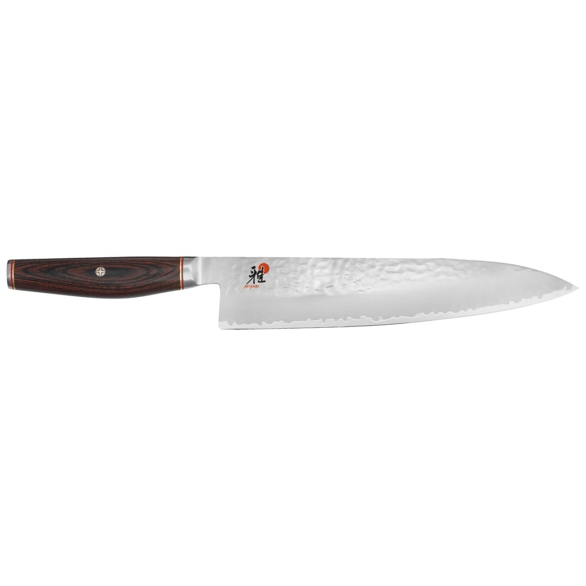Miyabi Artisan 9.5-inch chef's knife with hammered Tsuchime blade and brown Cocobolo Rosewood pakkawood handle