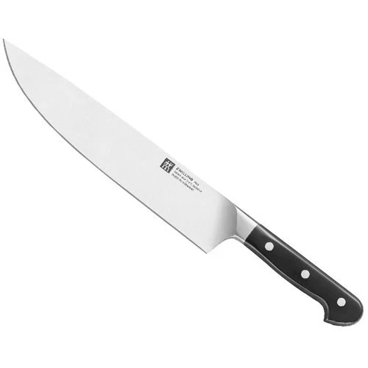 ZWILLING Pro 10-inch chef knife with wide stainless steel blade and triple-riveted black polymer handle