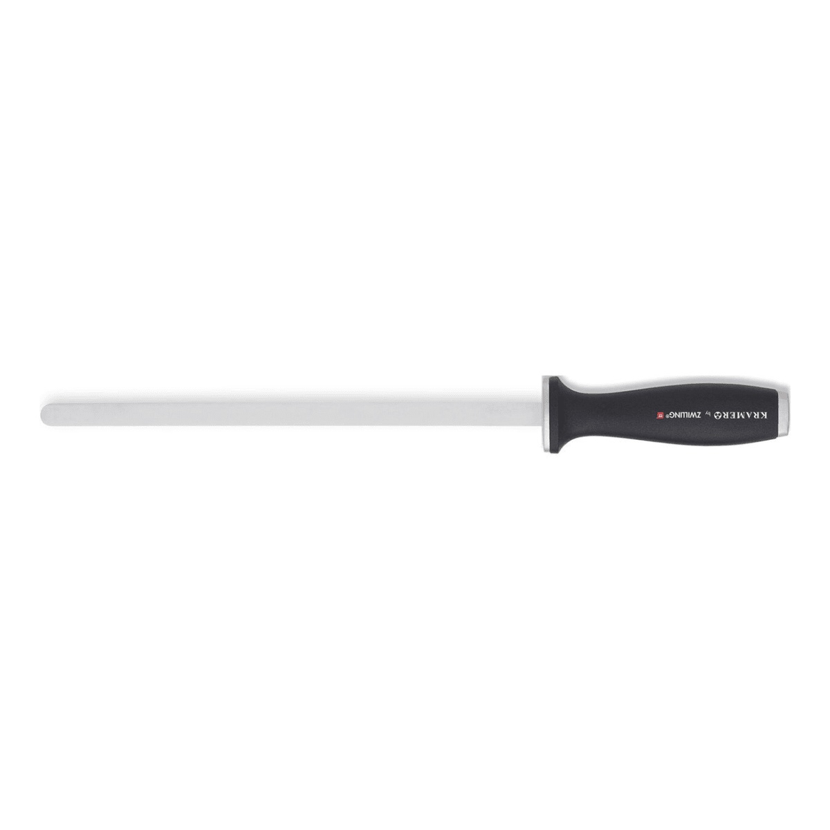 Kramer by Zwilling 10-inch ceramic honing rod with black plastic handle on white background