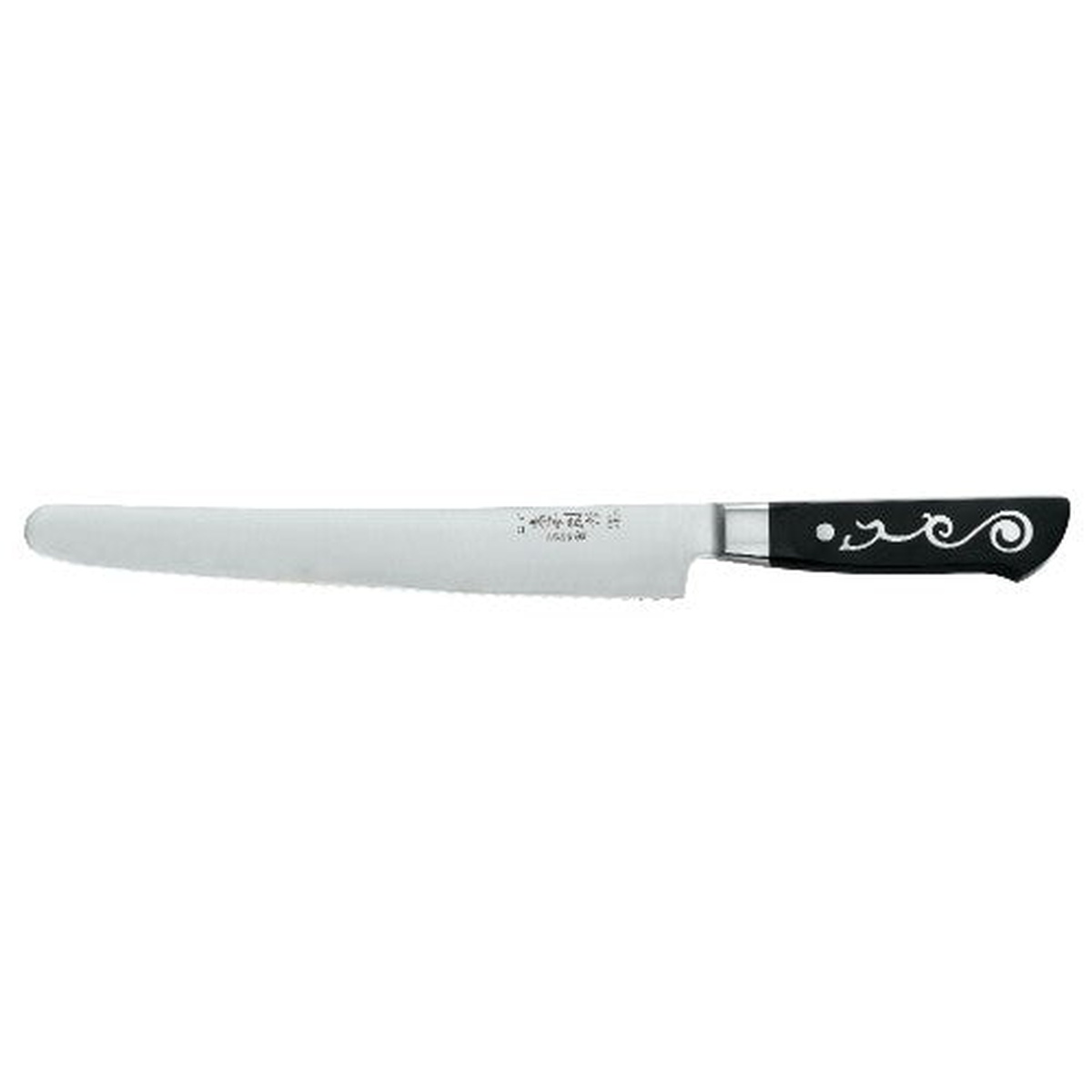 Master Grade I.O. SHEN 10 inch serrated bread knife with decorative black handle