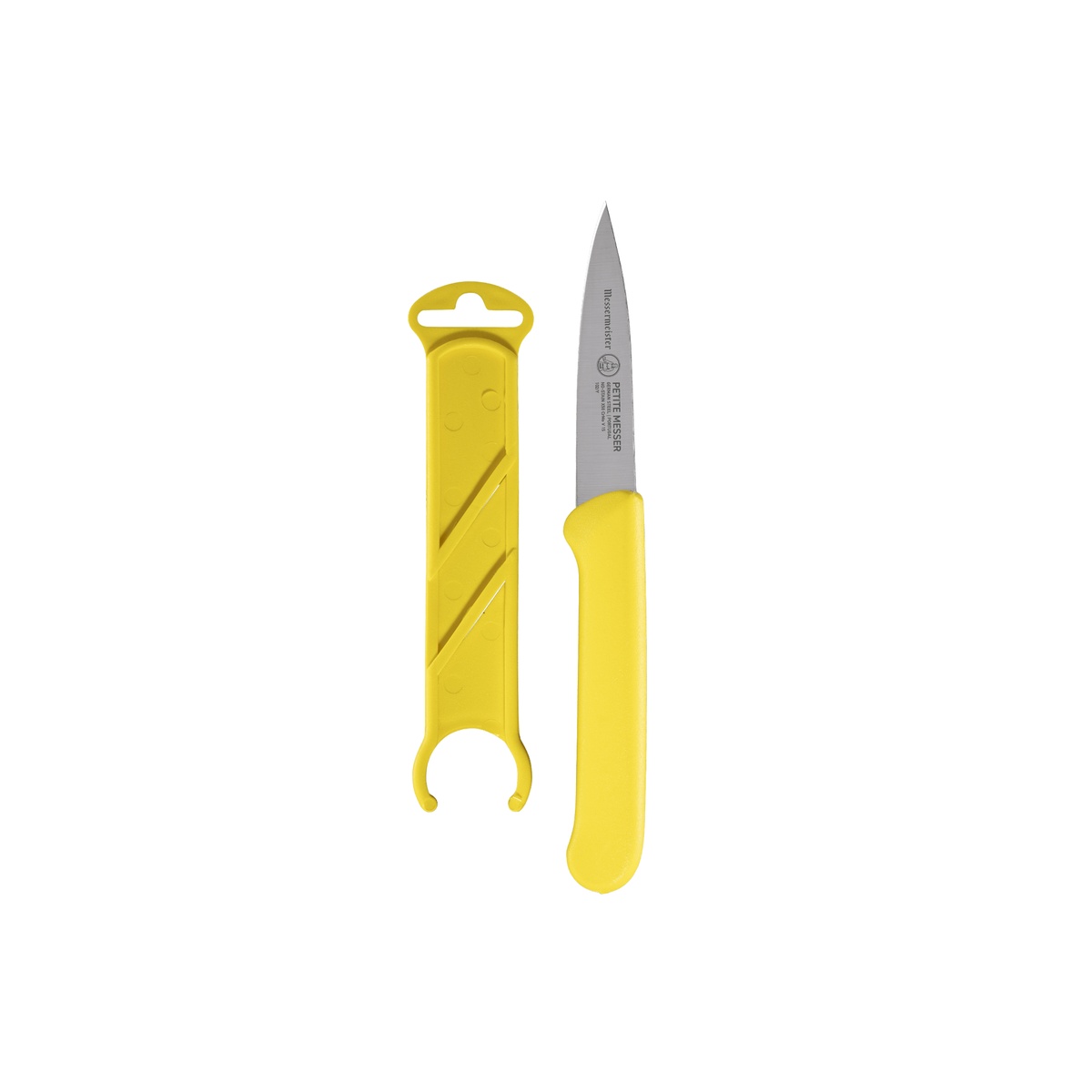 Messermeister yellow paring knife and matching sheath shown vertically