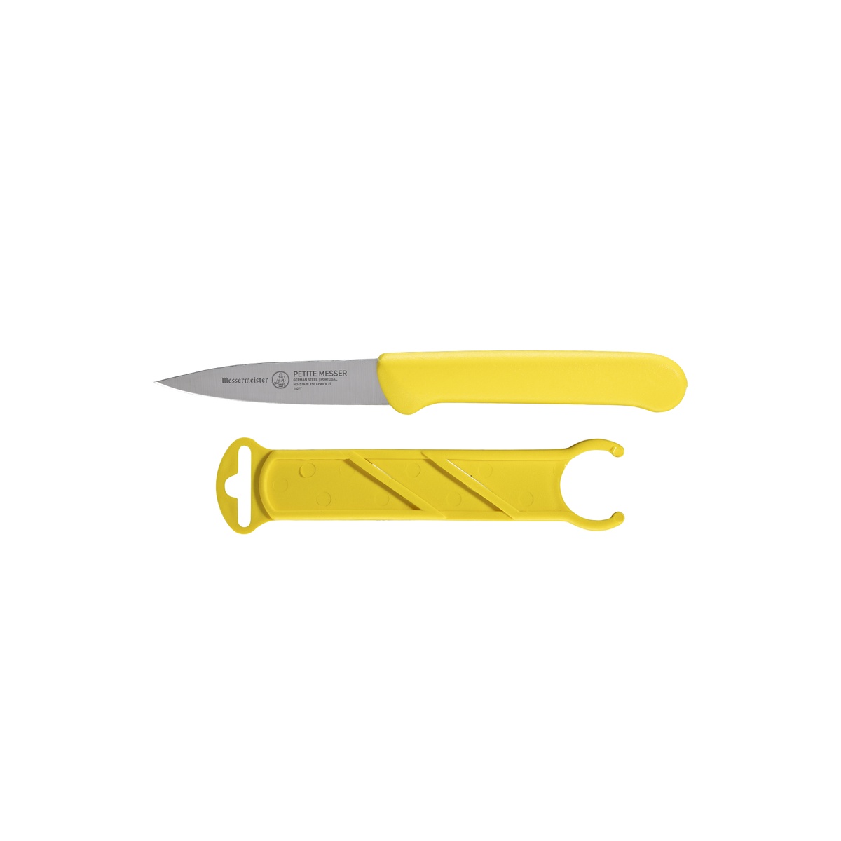 Messermeister 3 inch spear point parer and yellow sheath displayed horizontally