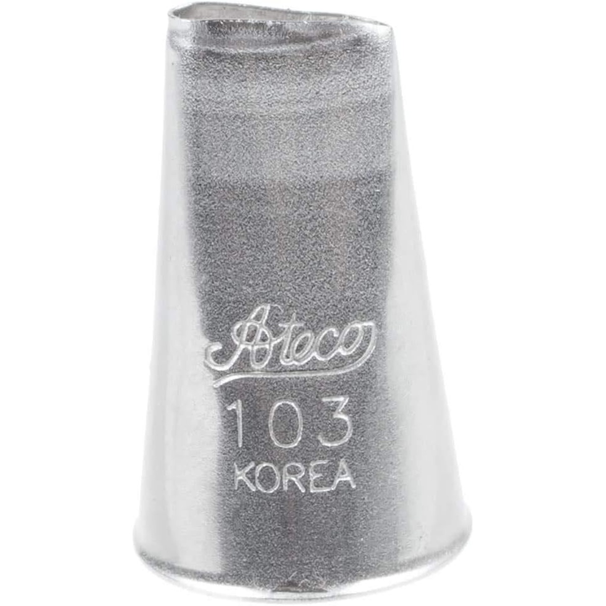 Ateco 103 stainless steel petal piping tip showing rose petal opening and Ateco branding