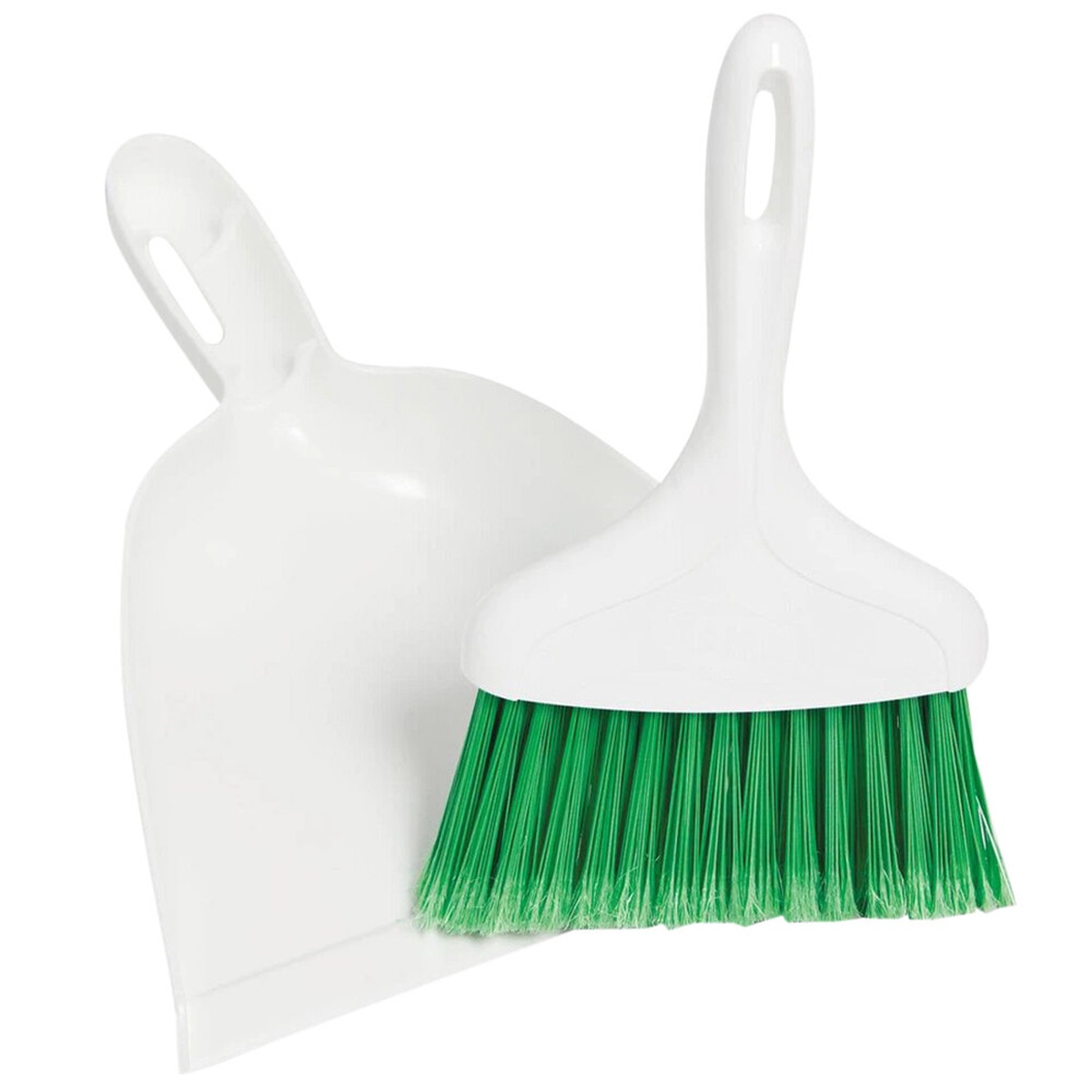 Libman 1031 white dust pan and green-bristle whisk broom set shown together
