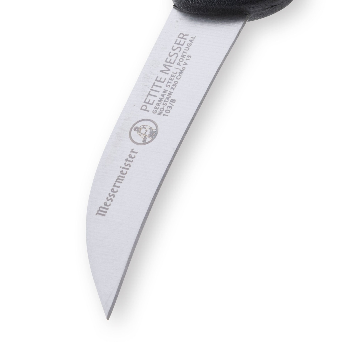 Close up of Messermeister Petite Messer blade markings showing German steel quality