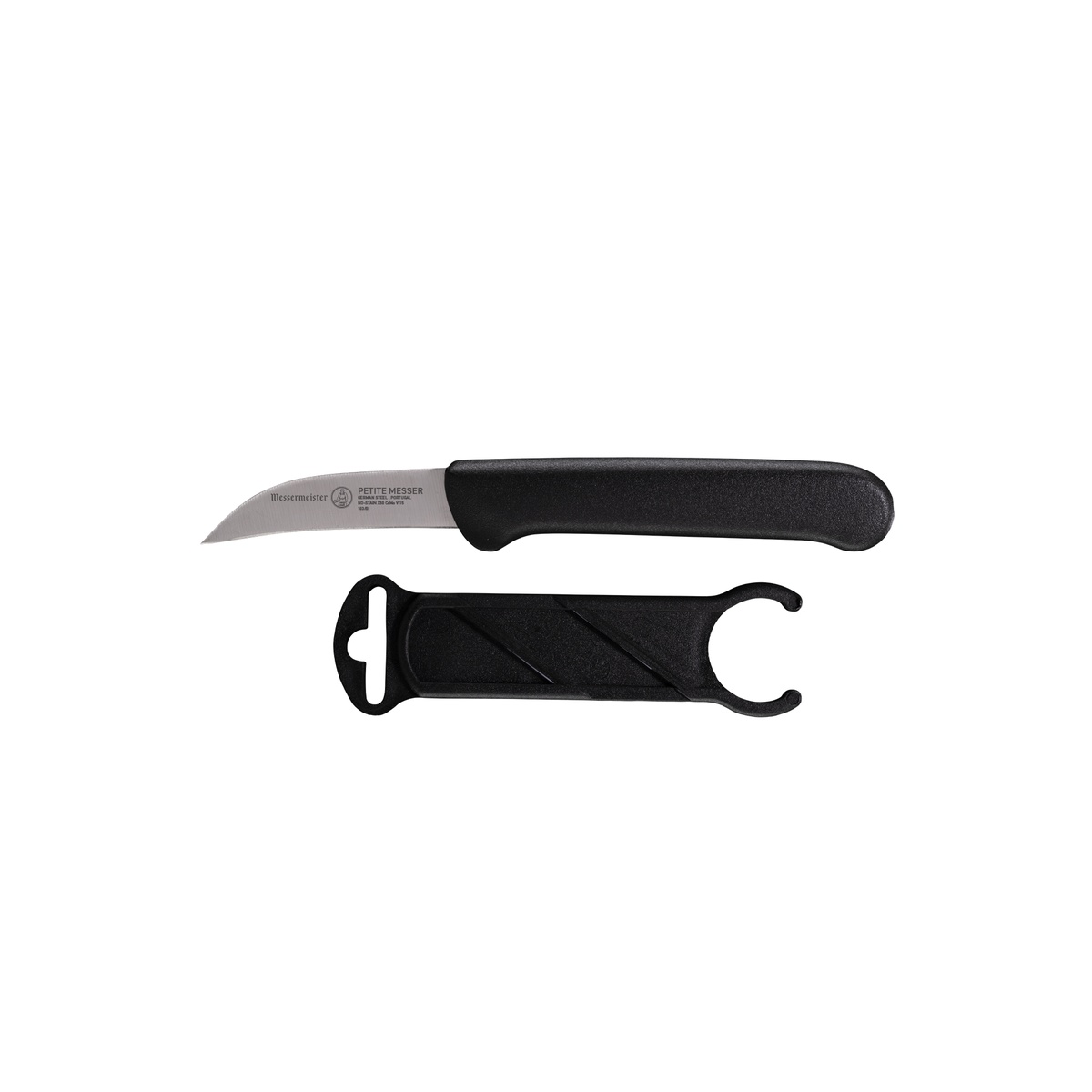 Messermeister Bird's Beak Paring Knife with matching black sheath