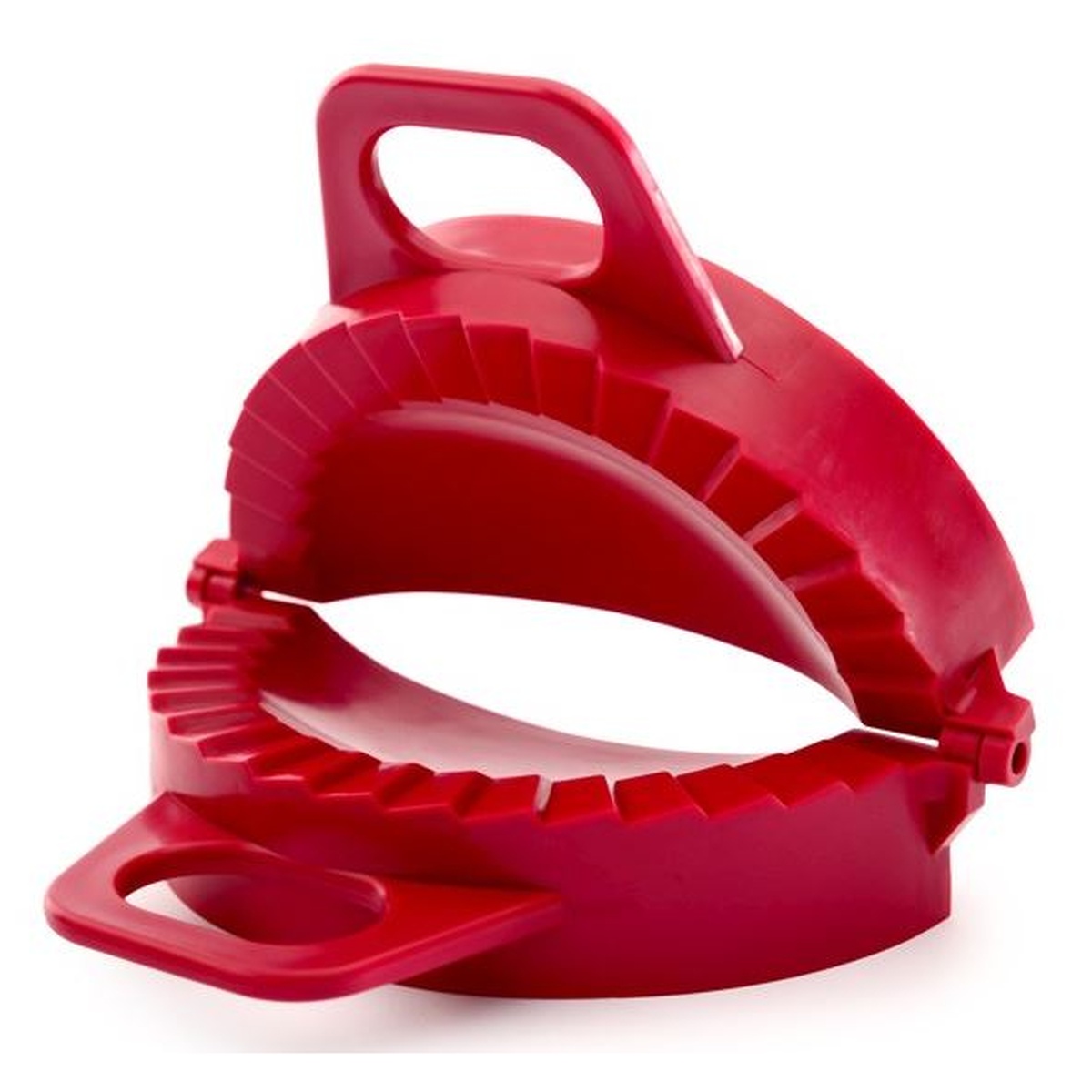 Norpro 1041 large red plastic dough and dumpling press open and ready for use