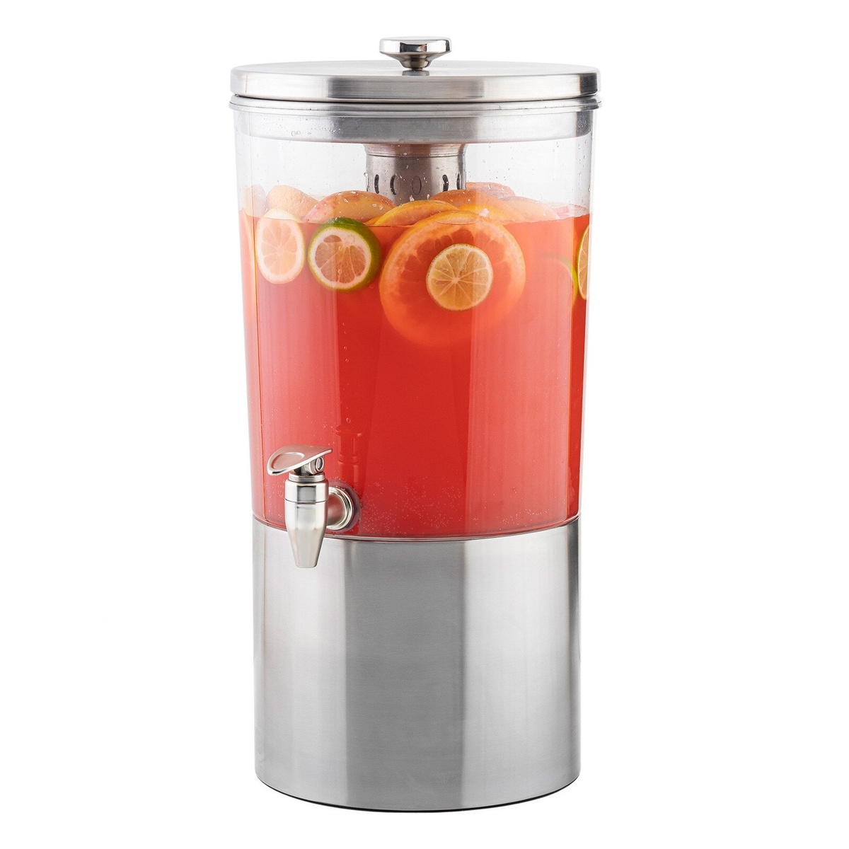 TableCraft 10450 beverage dispenser filled with red punch and sliced oranges and limes on a white background