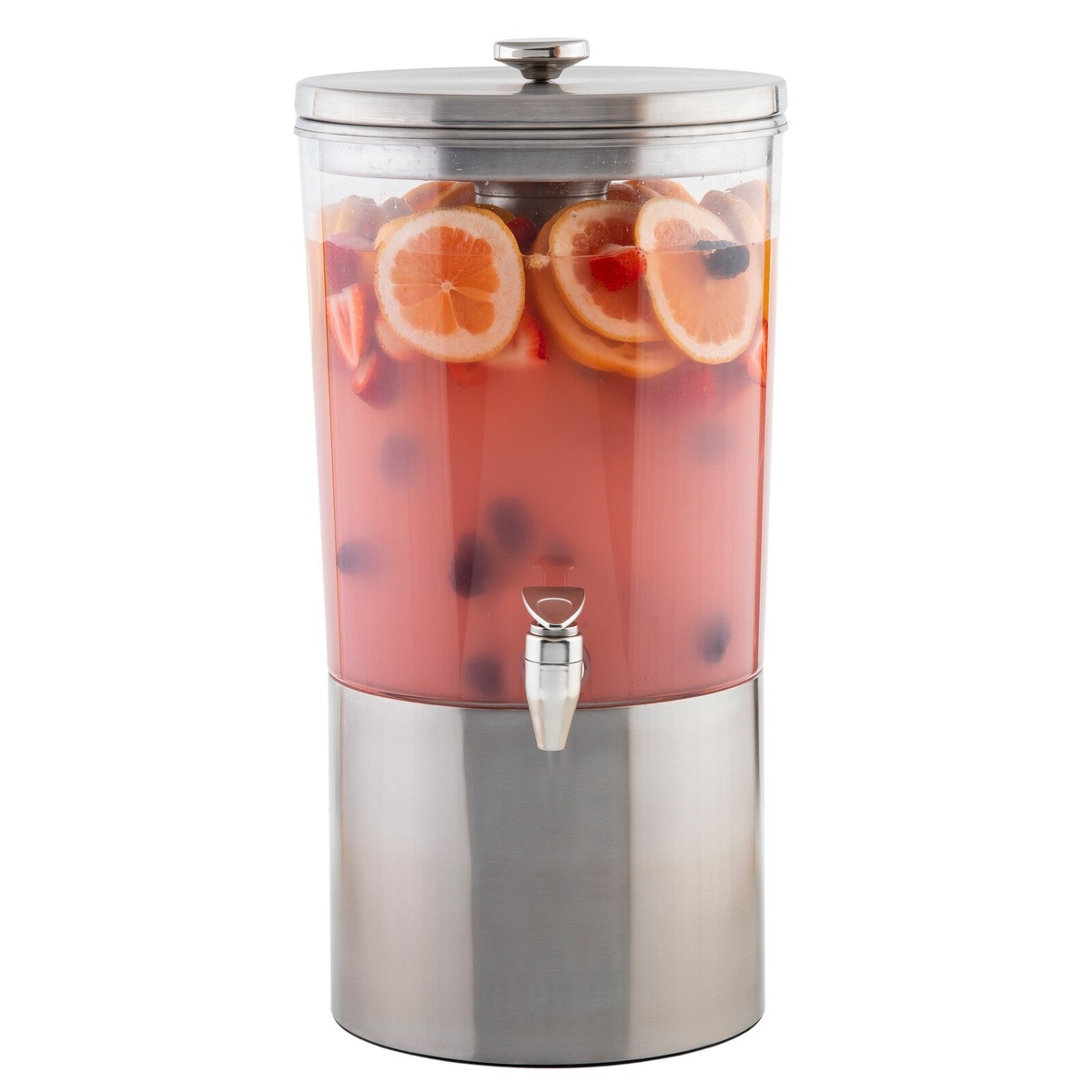 TableCraft 10450 beverage dispenser filled with strawberry sangria garnished with orange slices and blueberries on white background