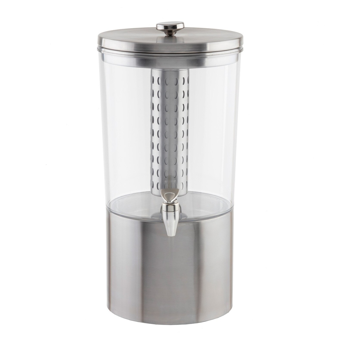 TableCraft 10450 beverage dispenser on white background showing clear Tritan reservoir, stainless steel base and lid, ice core tube, and nickel-plated faucet