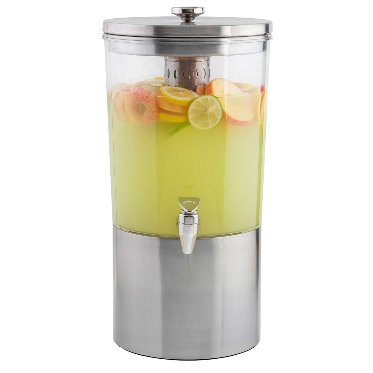 TableCraft 10450 beverage dispenser filled with yellow lemonade and sliced citrus fruit including lemons, limes, and peaches