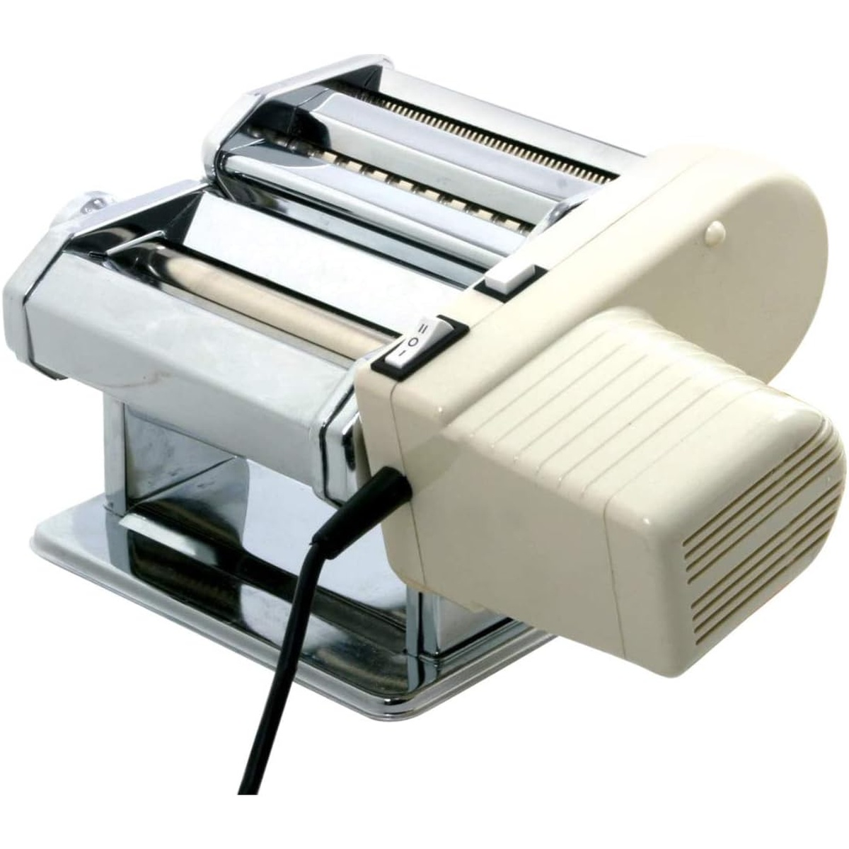 Norpro 1047 pasta machine motor attachment connected to chrome pasta machine
