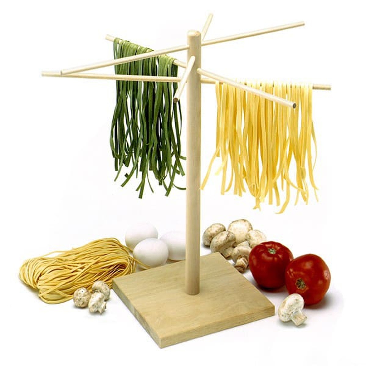 Norpro 1048 wooden pasta drying rack with green spinach and yellow pasta strands hanging from angled arms