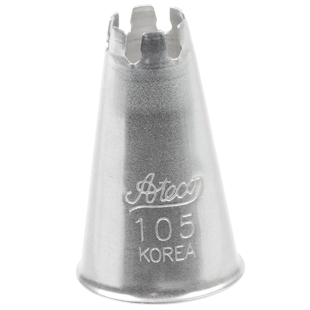 Ateco 105 stainless steel drop flower piping tip showing serrated crown opening and embossed brand markings