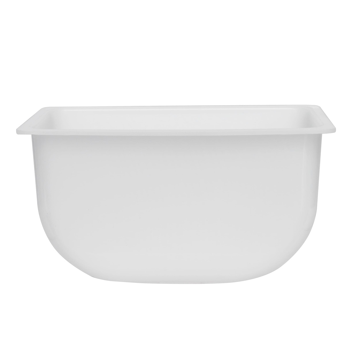Tablecraft 105 white plastic condiment insert, straight-on front view showing rounded bottom profile