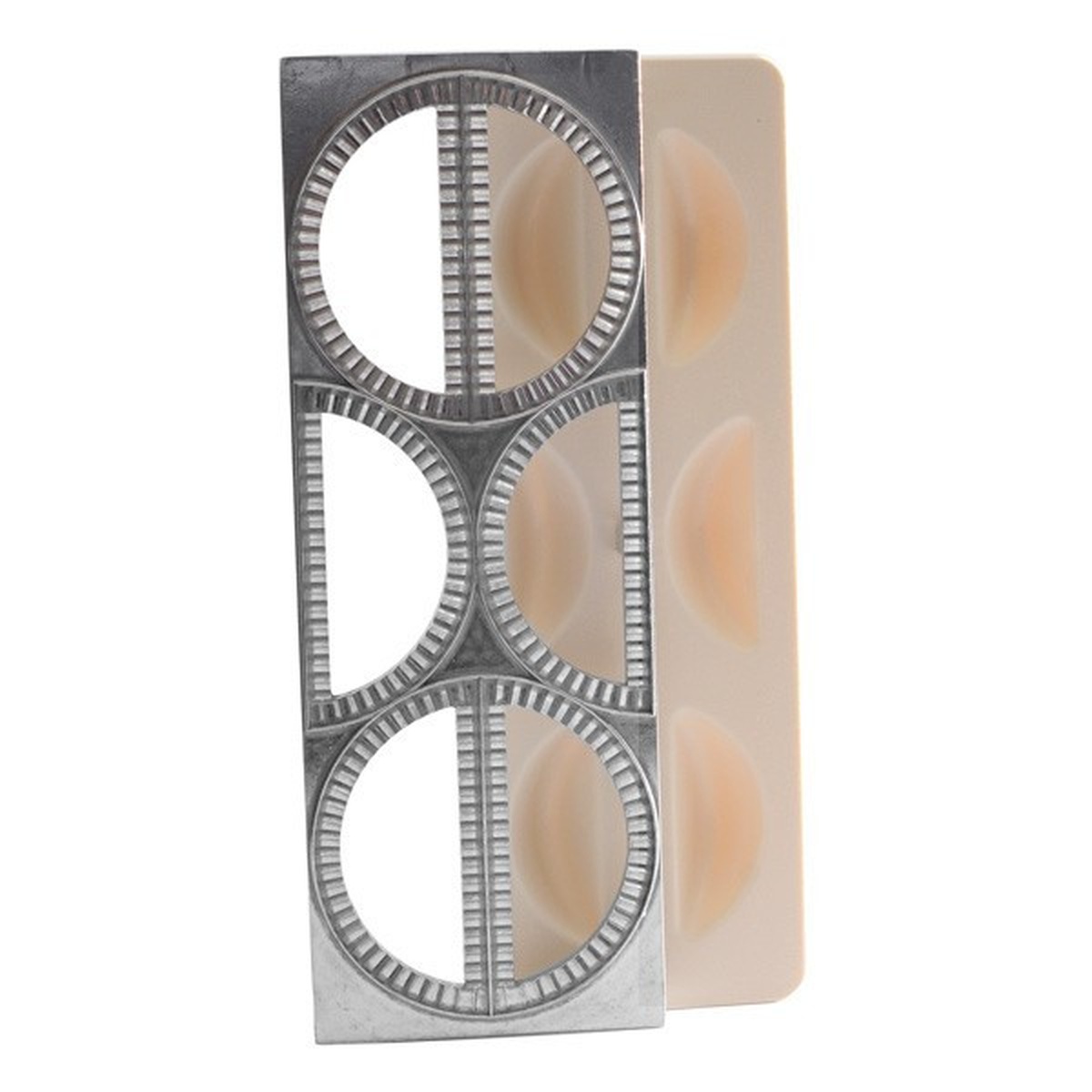 Norpro 1051 Pierogi Maker showing the metal form with three oval cavities and the accompanying plastic press