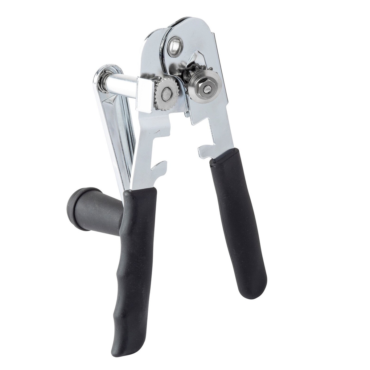 TableCraft 10518BK crank can opener front view showing serrated cutting wheel and dual black grip handles