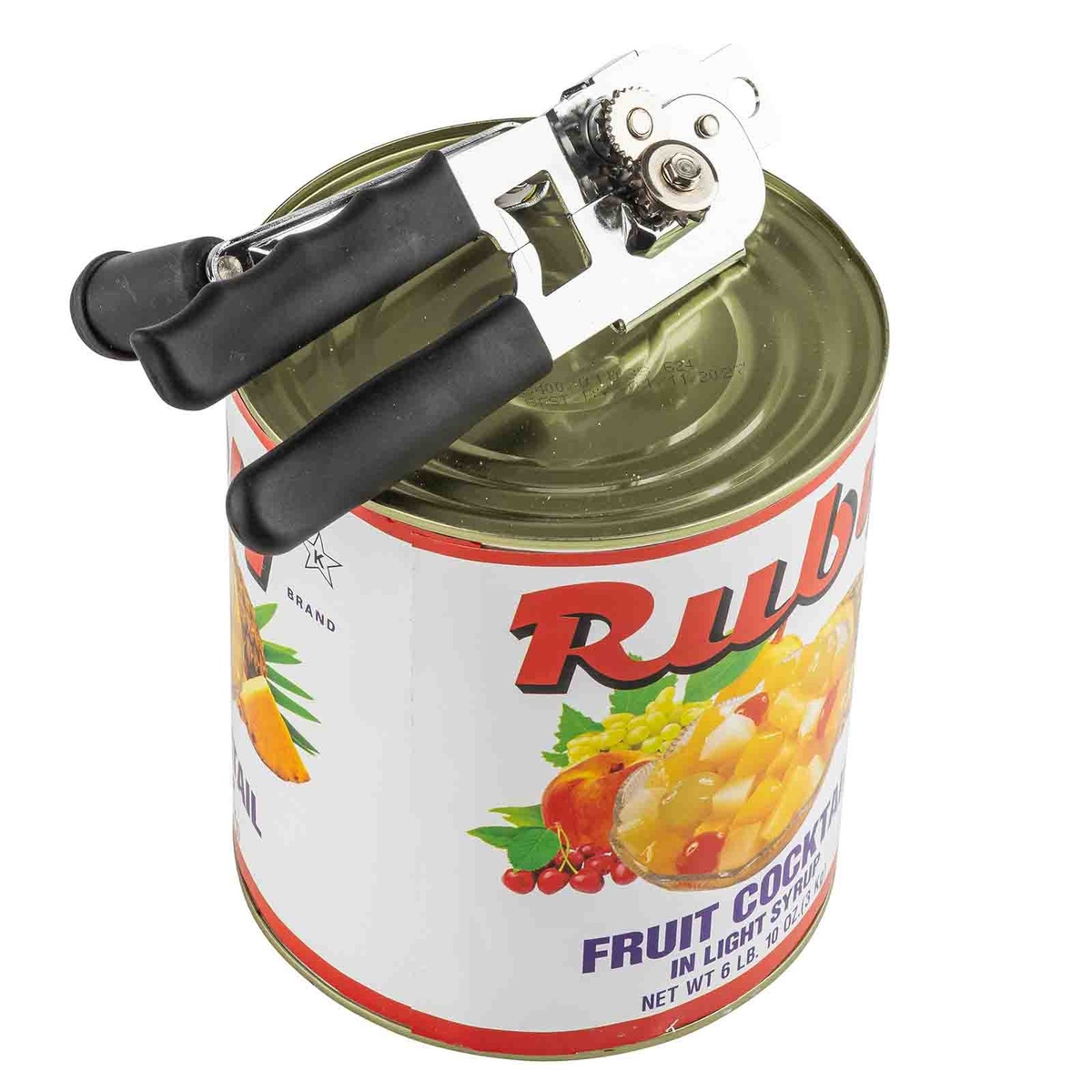 TableCraft 10518BK crank can opener mounted on top of a large fruit cocktail can, overhead angle