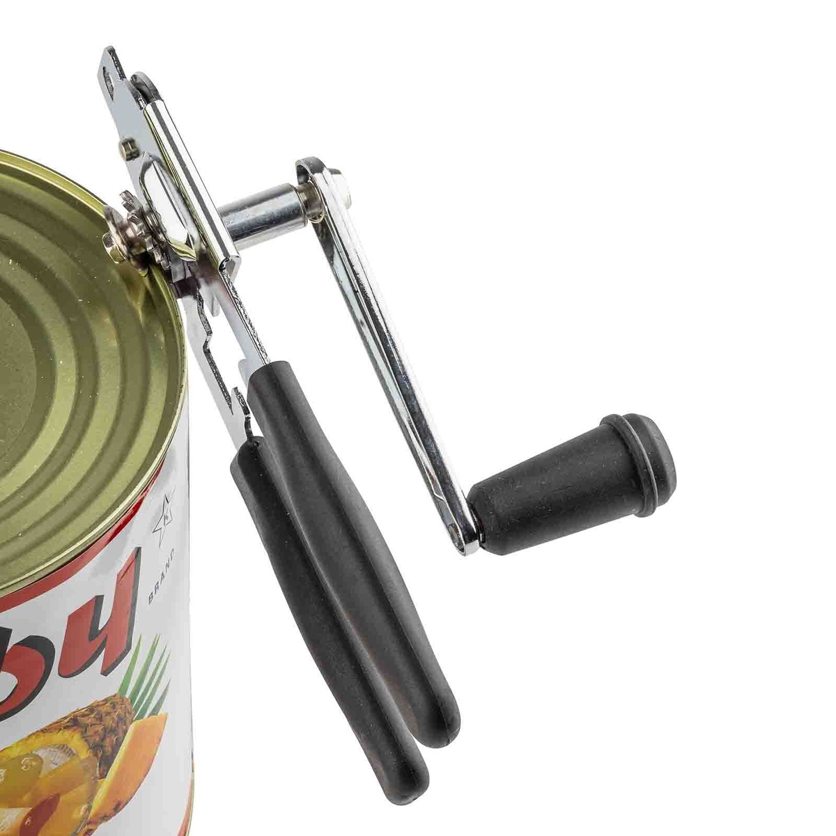 Close-up of TableCraft 10518BK crank can opener cutting into the rim of a large food can