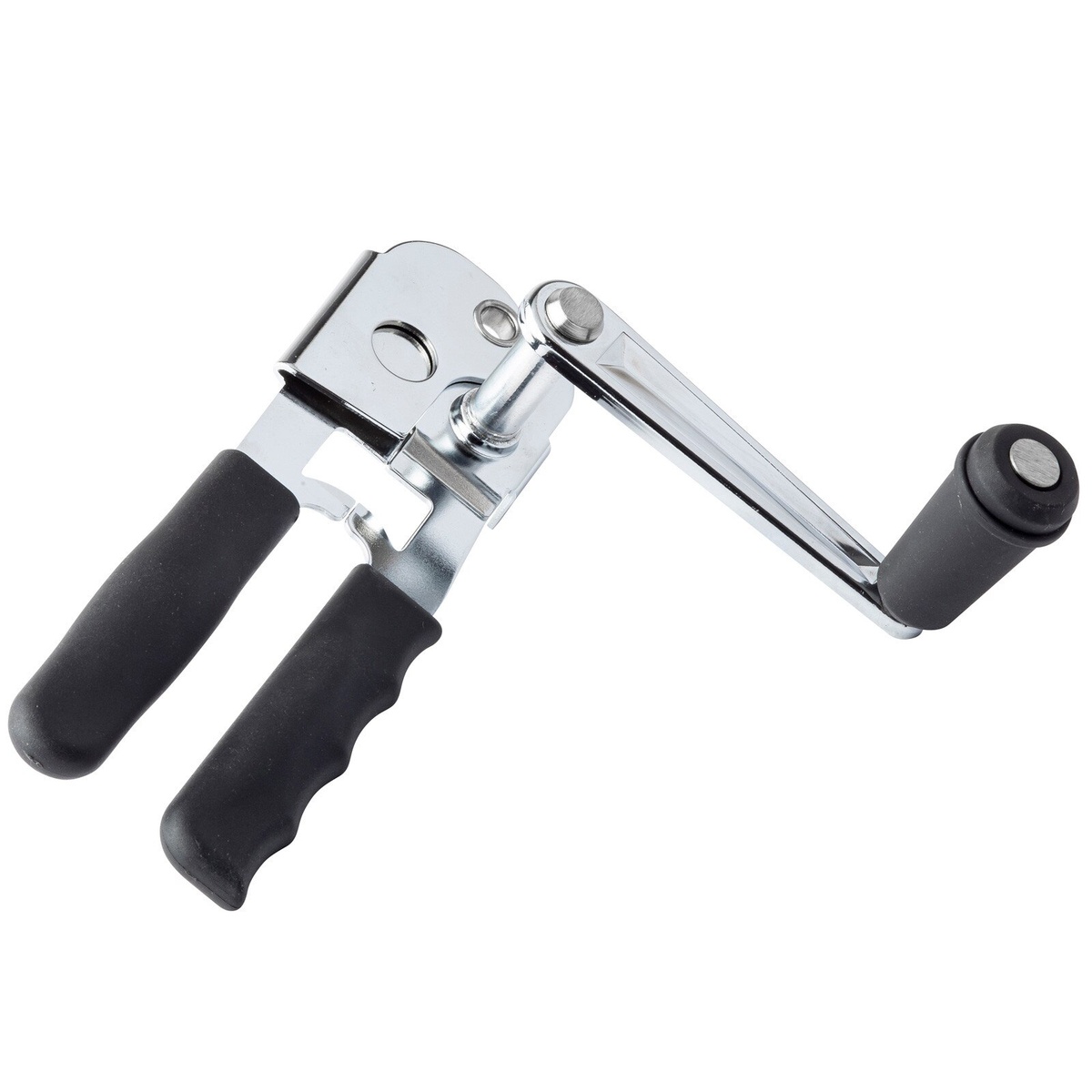 TableCraft 10518BK crank can opener with black handles and chrome crank arm, angled view