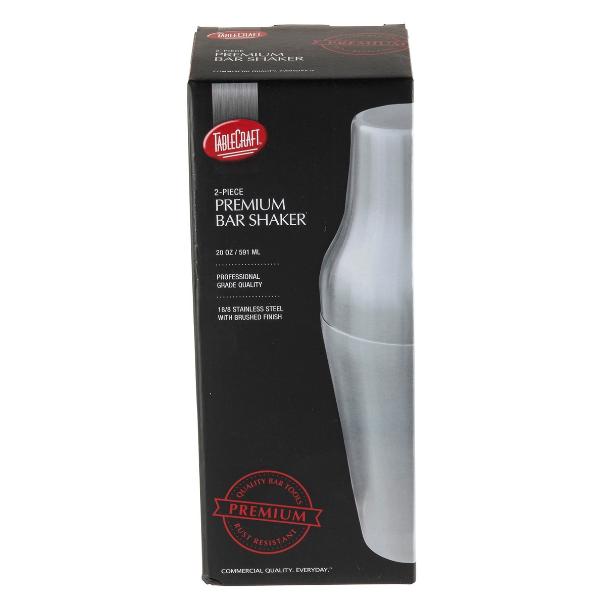 TableCraft 2-Piece Premium Bar Shaker retail packaging box showing product details