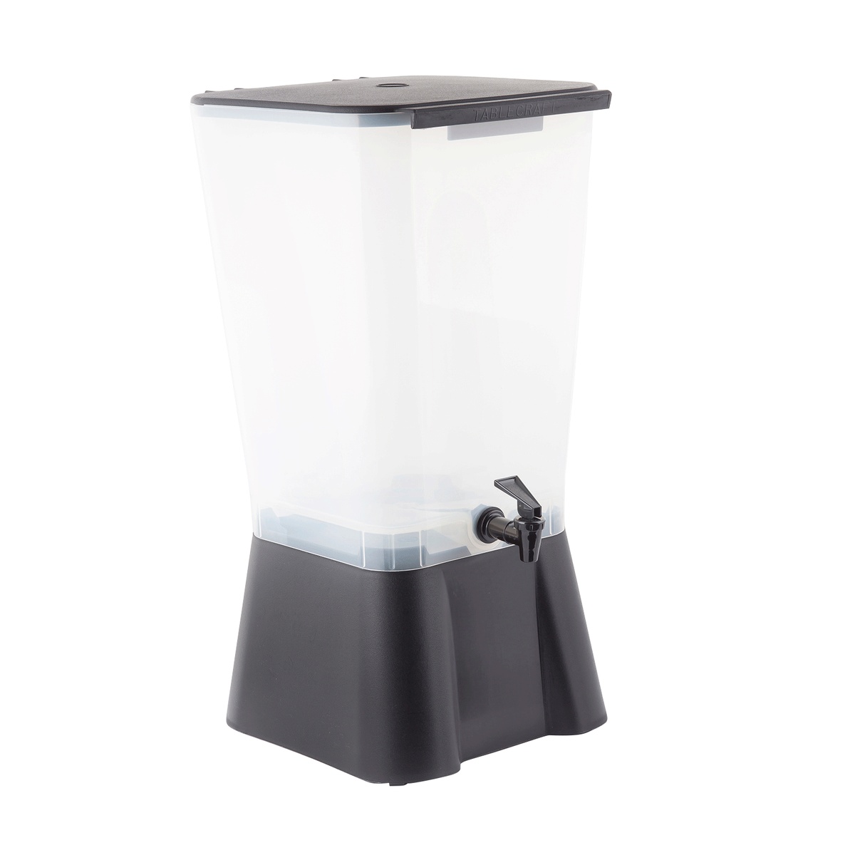 TableCraft 1053 beverage dispenser angled side view highlighting clear reservoir and black lid