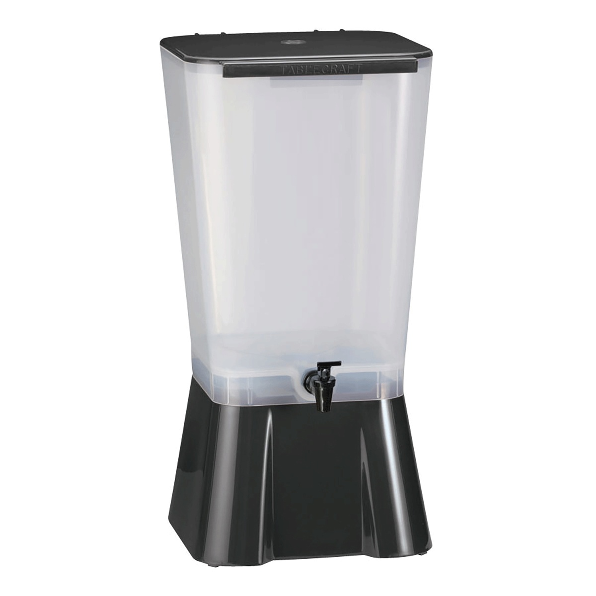 TableCraft 1053 5-gallon black beverage dispenser, angled view showing clear reservoir on tapered black base with Tomlinson faucet