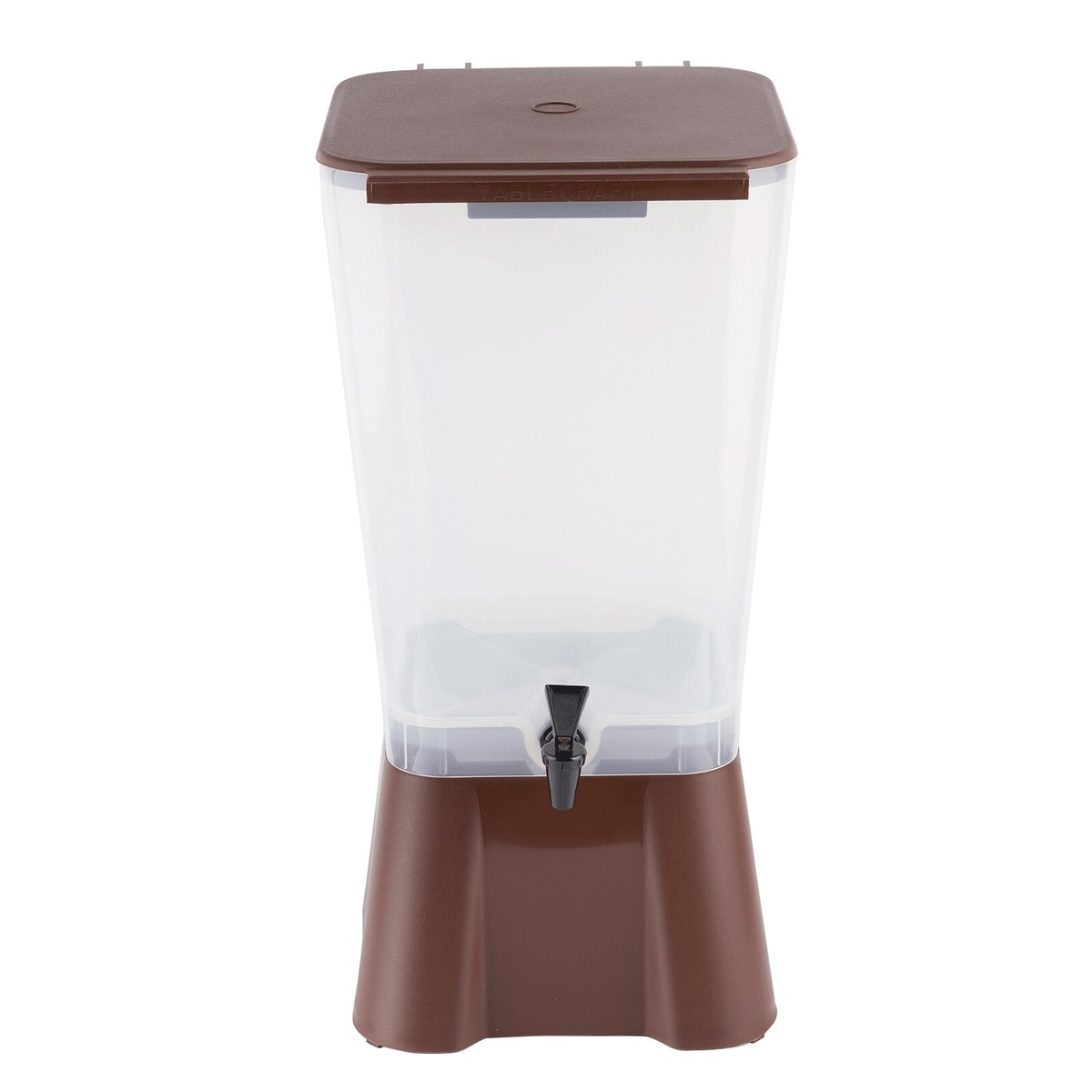 TableCraft 1054 beverage dispenser front view showing brown lid, clear tank, and Tomlinson faucet