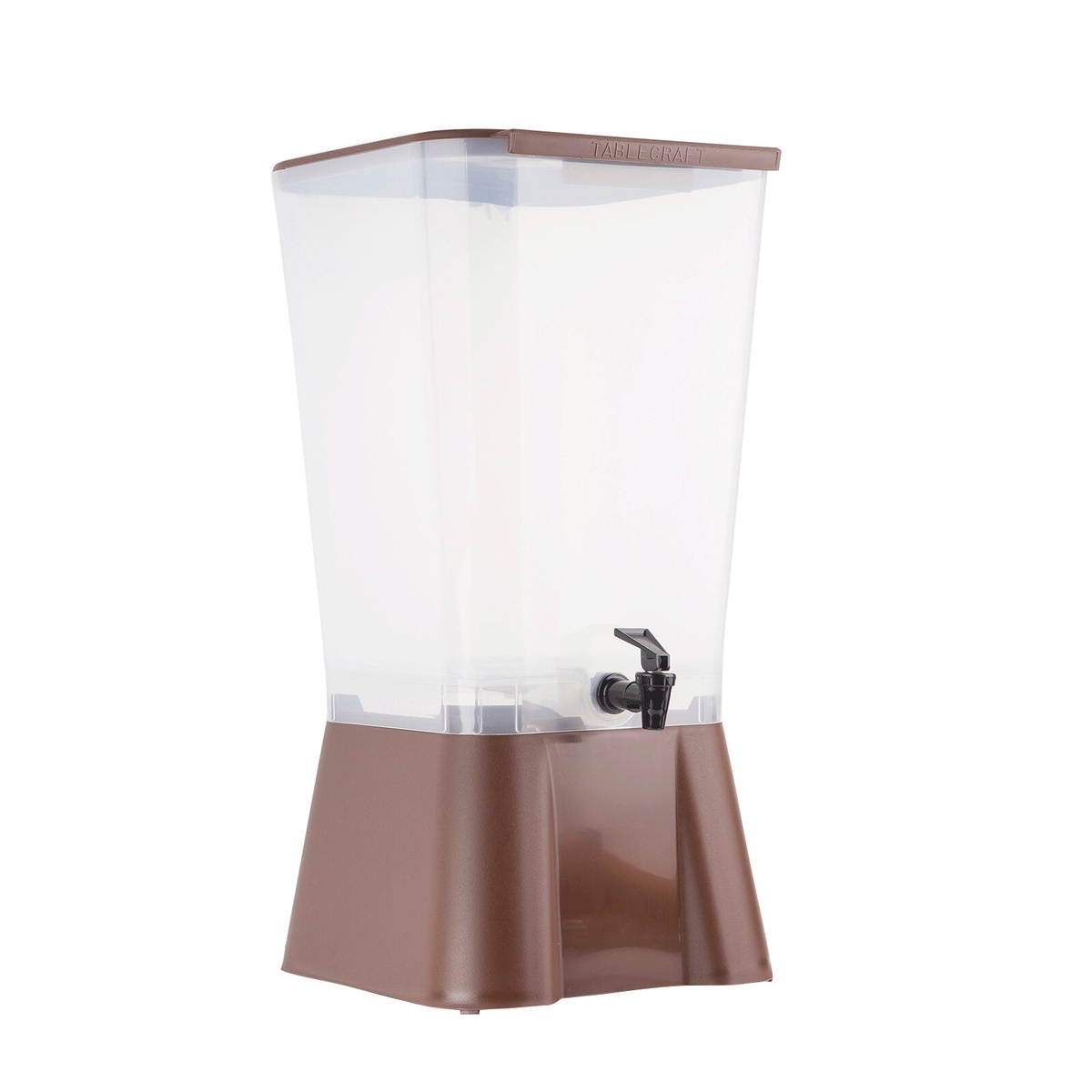 TableCraft 1054 beverage dispenser alternate angled view showing faucet and brown base from opposite side