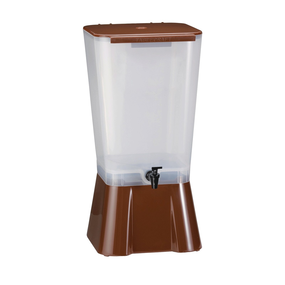TableCraft 1054 5-gallon brown beverage dispenser angled view showing clear reservoir and brown base