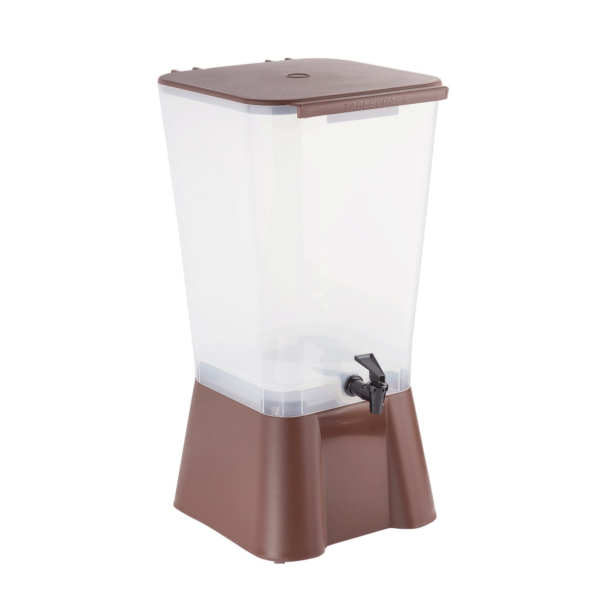 TableCraft 1054 beverage dispenser angled view highlighting brown lid detail and clear polypropylene body