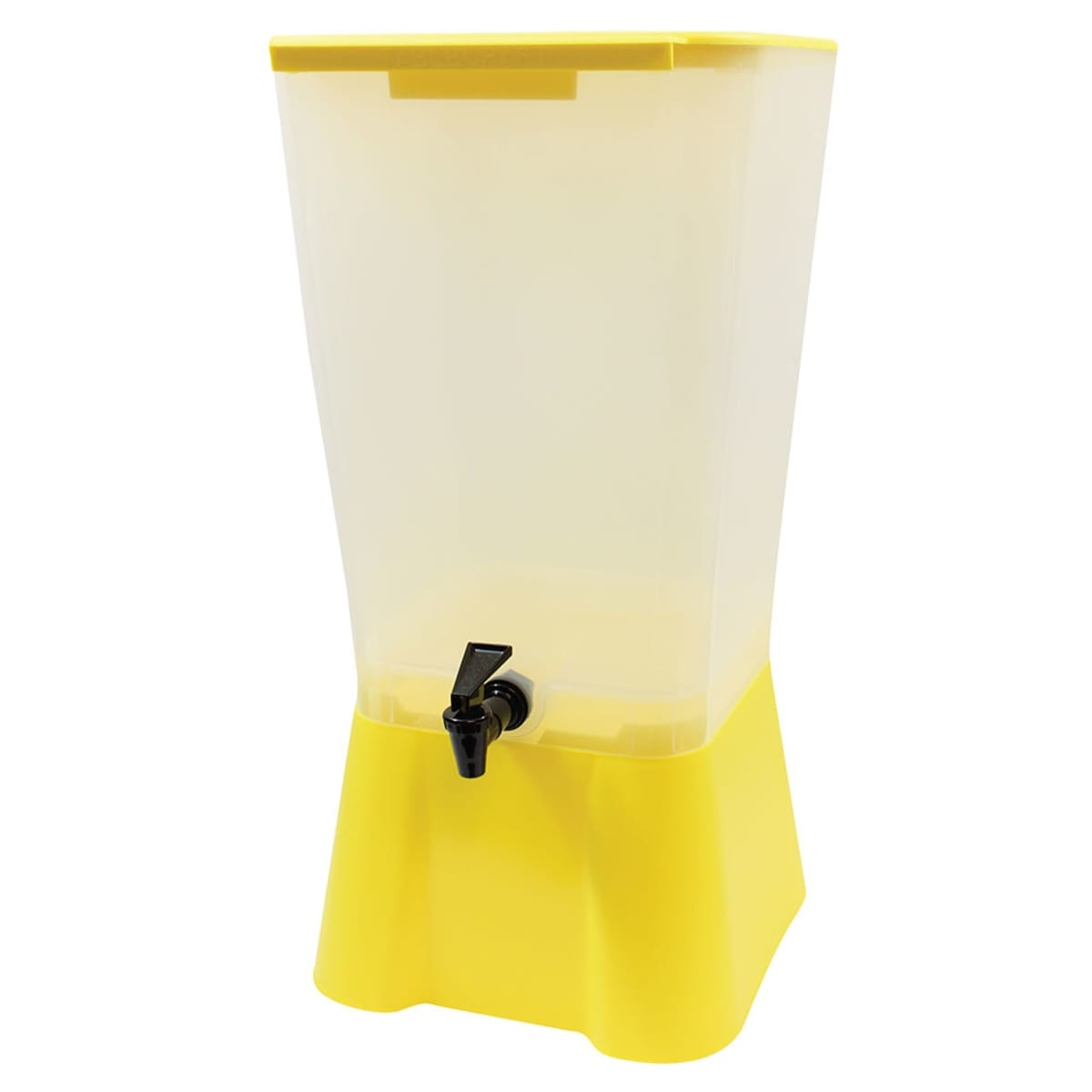 Tablecraft 1055 5-gallon beverage dispenser with yellow base and translucent polypropylene container, angled view