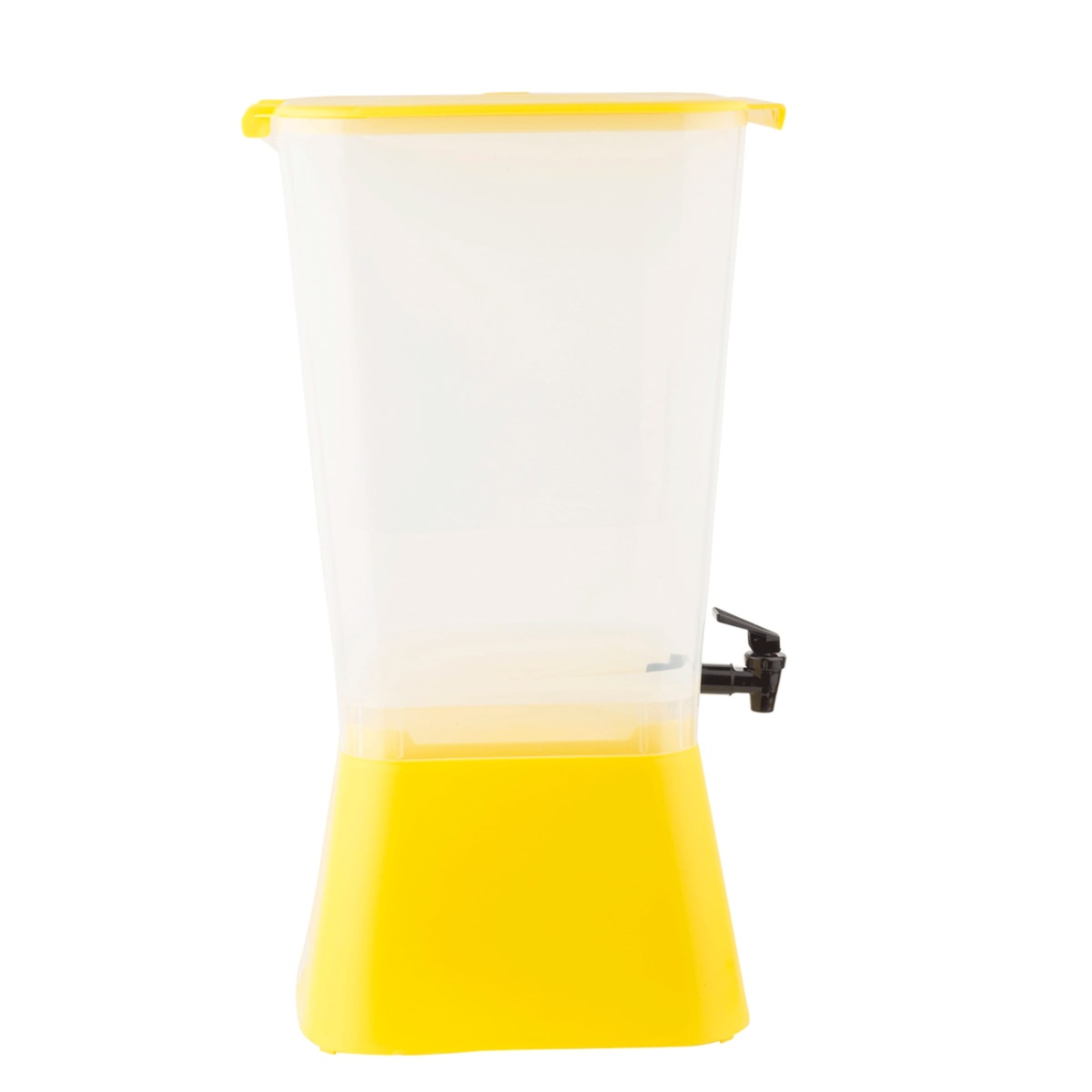 Tablecraft 1055 beverage dispenser side view showing full-height translucent container with yellow base and black faucet
