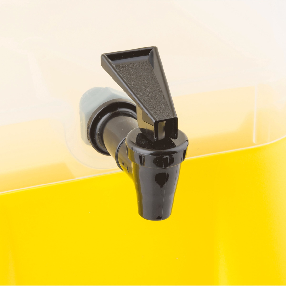 Close-up detail of the standard Tomlinson black plastic faucet on the Tablecraft 1055 beverage dispenser