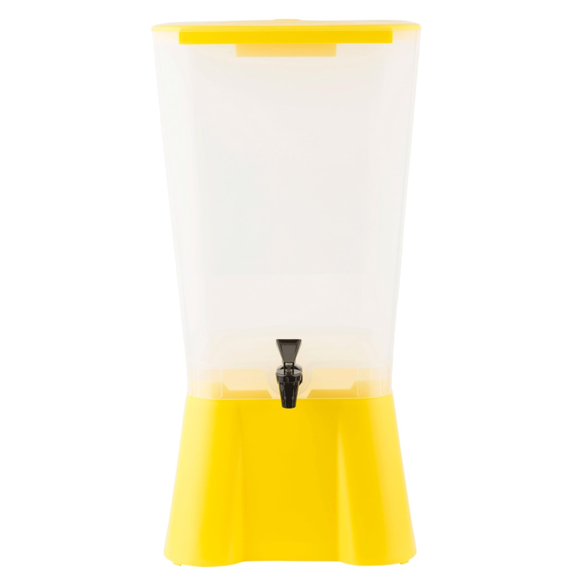 Tablecraft 1055 beverage dispenser front view showing yellow base, translucent container, and centrally positioned black Tomlinson faucet