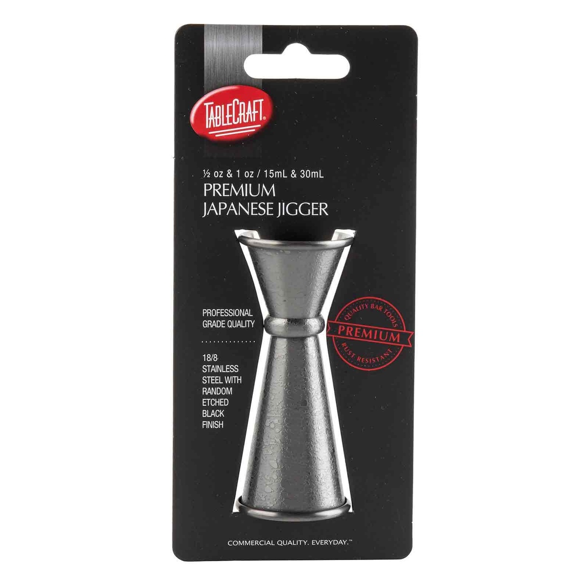 TableCraft 10560 Premium Japanese Jigger retail packaging showing 1/2 oz and 1 oz capacities and product details