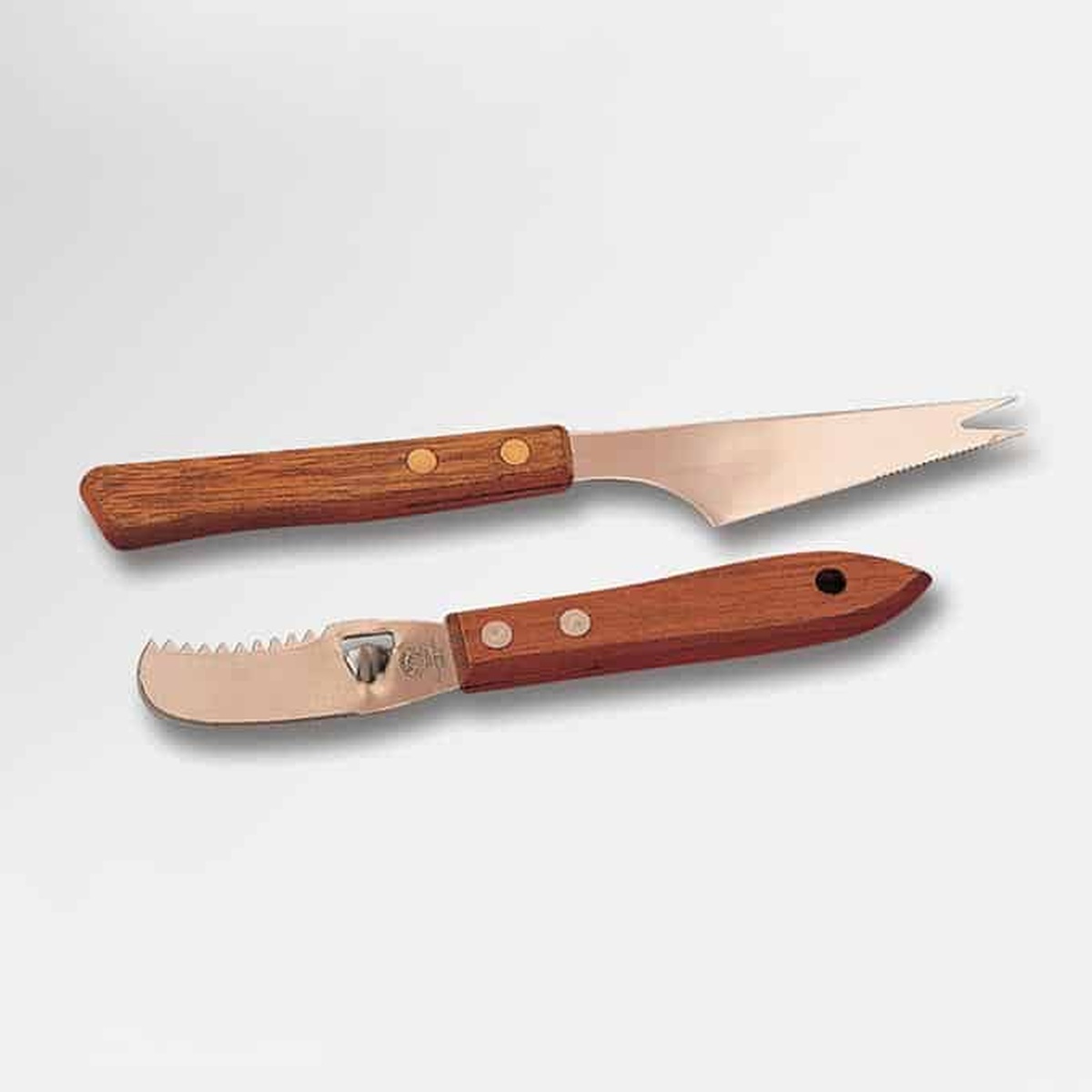 American Metalcraft 106 lemon lime peeler shown alongside a matching bar knife, both with wood handles