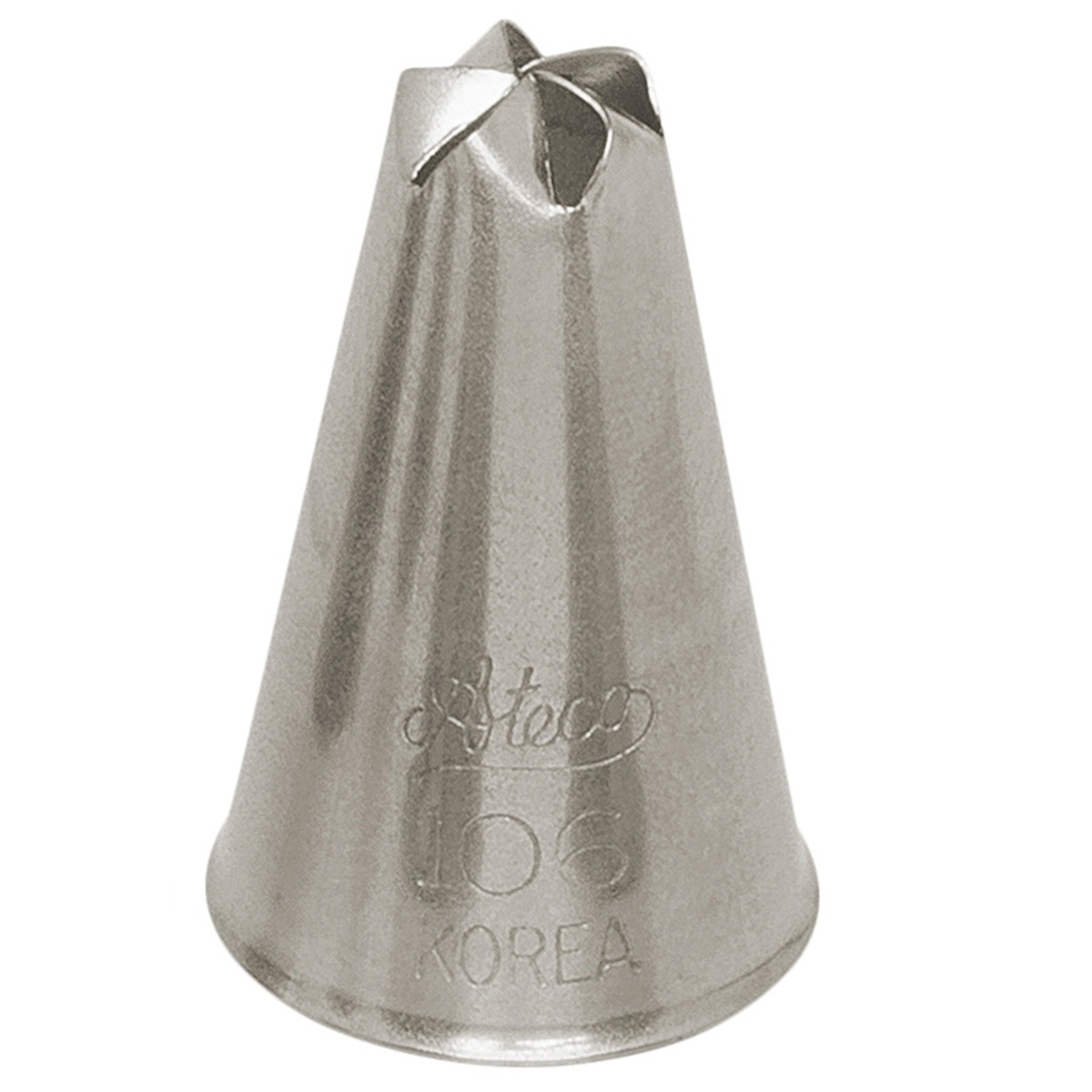 Ateco #106 drop flower piping tip in stainless steel, cone-shaped with a flower-cut opening, engraved with Ateco logo and number 106