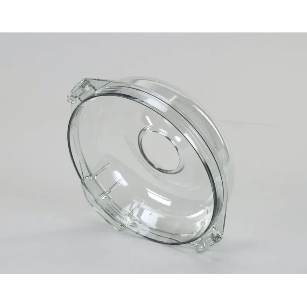 Robot Coupe 106458S clear cutter bowl lid with locking tabs and center opening, angled view