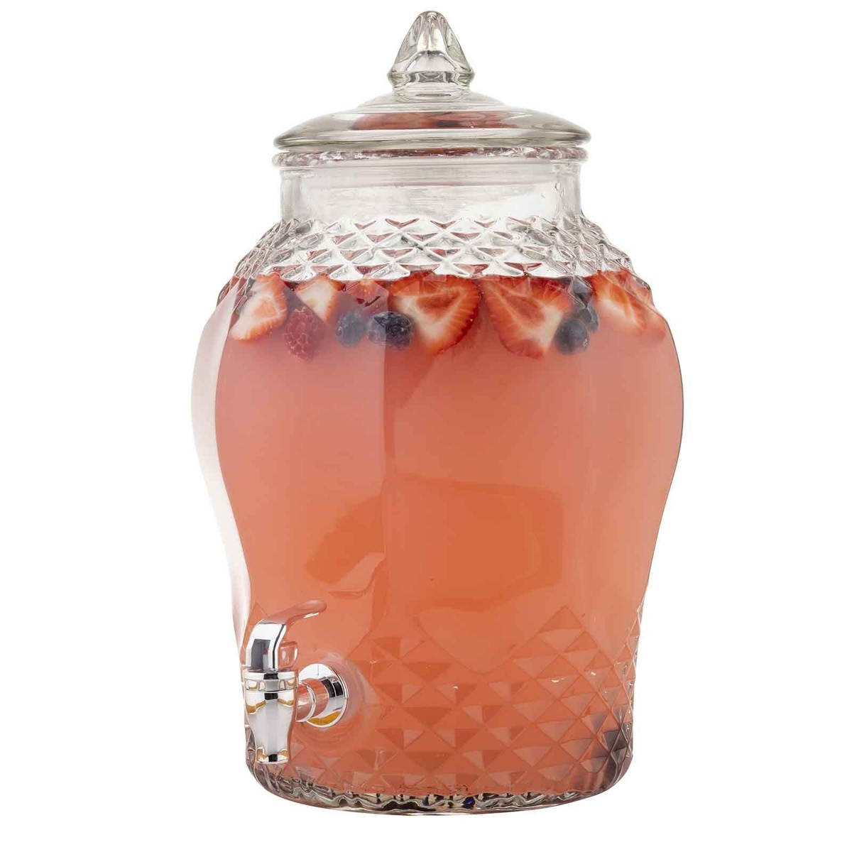 TableCraft decorative glass beverage dispenser filled with pink strawberry and blueberry infused lemonade, chrome faucet visible
