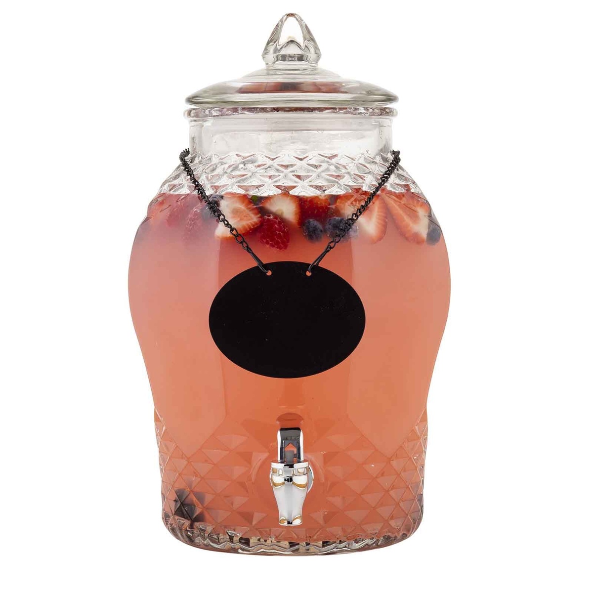 TableCraft decorative glass beverage dispenser filled with pink berry drink, showing included hanging chalkboard necklace label and chrome faucet