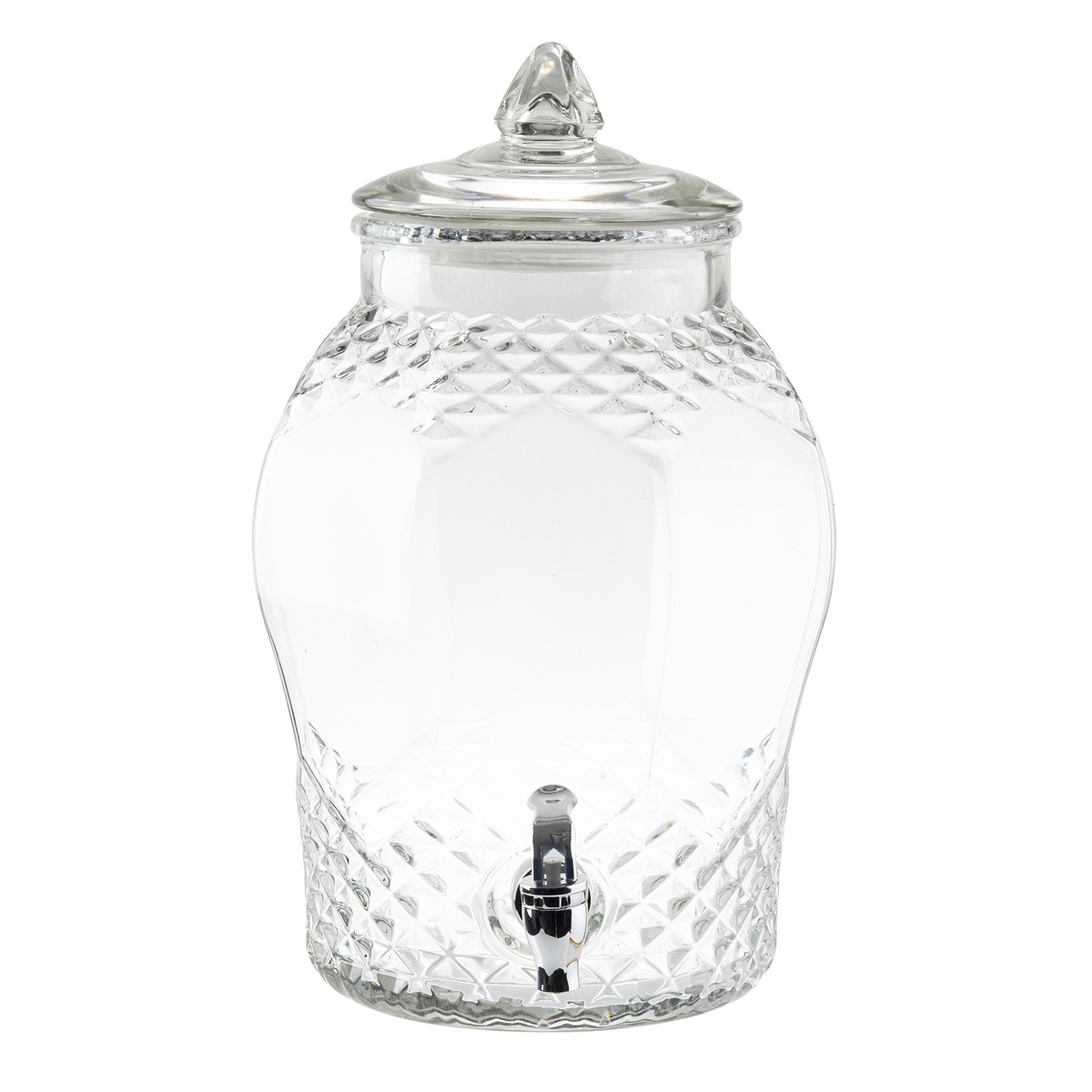 TableCraft 10699 2-gallon decorative clear glass beverage dispenser with cut-glass diamond pattern, glass lid, and chrome faucet on white background