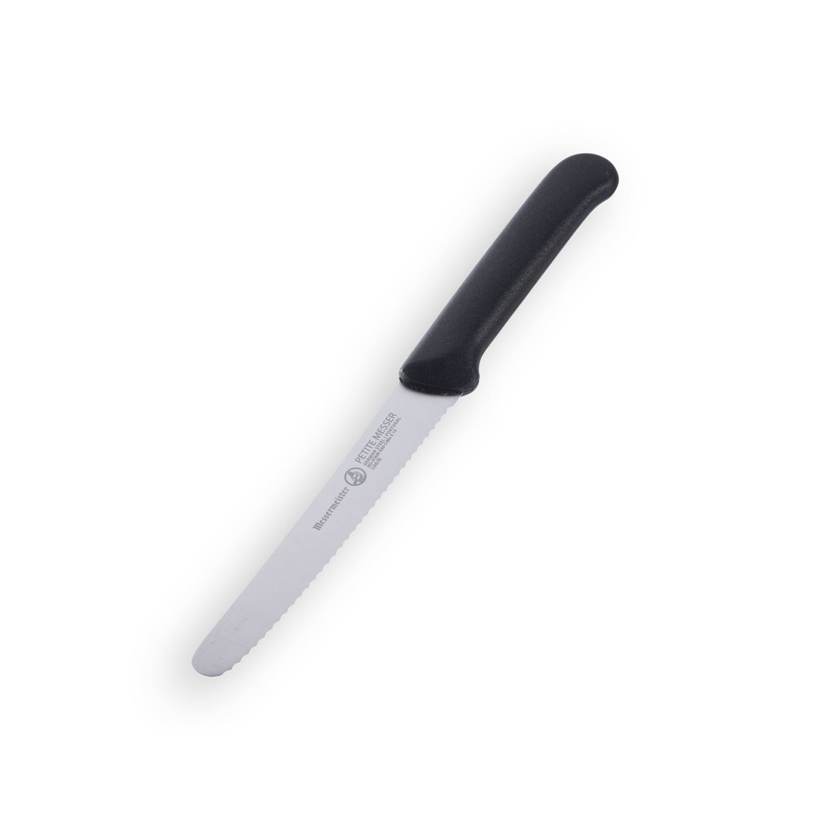 Angled view of the Messermeister 4.5 inch serrated tomato knife