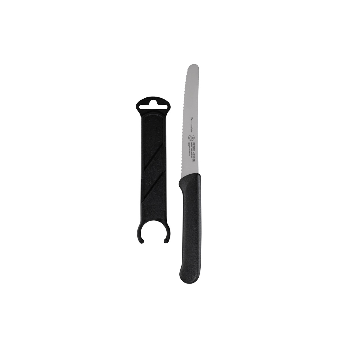 Messermeister 4.5 inch serrated tomato knife with black handle and matching sheath